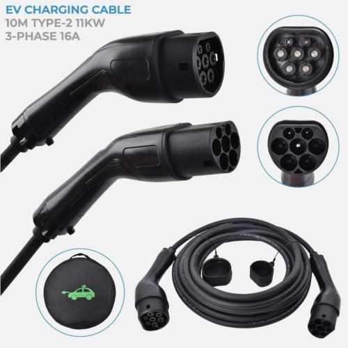 10M Portable EV Charging Cable Type2 to Type2 16A 11KW Electric Car Charger Lead