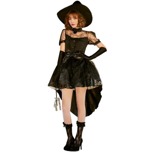 Polyester Sexy Witch Costume Halloween Design & hollow dress & glove & hat & belt black : Set