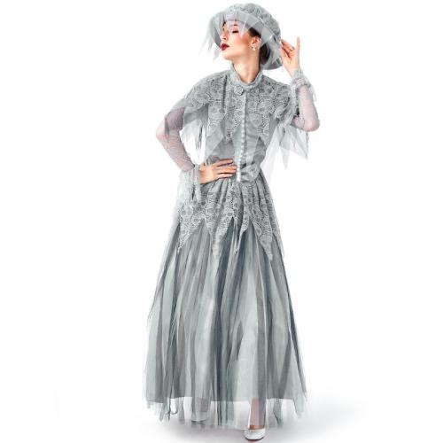 Satin & Gauze & Lace Women Dead Bride Costume Halloween Design dress & hat gray Set