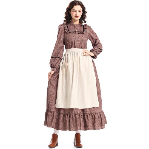 Polyester & Cotton Women Halloween Cosplay Costume dress & apron printed brown Set
