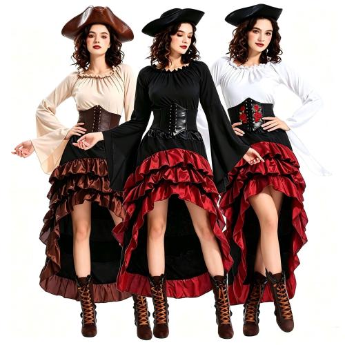 Polyester Women Pirate Costume Halloween Design interlock band & hat & skirt & top printed Set