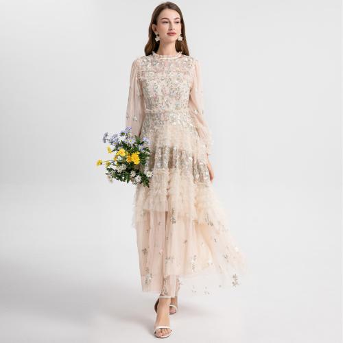 Gauze & Polyester stringy selvedge One-piece Dress large hem design embroidered Apricot PC