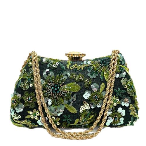 Polyester Clutch Bag with chain & with sequin & with rhinestone floral green PC