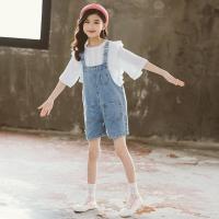 Denim & Cotton Girl Clothes Set & two piece suspender pant & top patchwork white Set