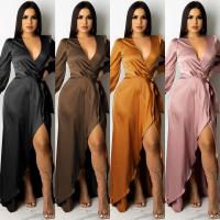 Polyester One-piece Dress deep V & side slit Solid PC