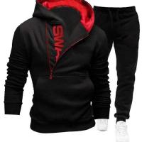 Polyester Plus Size Men Casual Set fleece & two piece Long Trousers & Sweatshirt plain dyed Solid Set