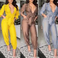 Polyester Slim Long Jumpsuit deep V Solid PC