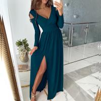 Polyester One-piece Dress irregular & deep V & side slit patchwork Solid PC