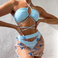 Polyamide High Waist Tankinis Set backless & three piece Gauze butterfly pattern blue Set