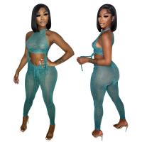 Polyester Nightclub Set see through look & two piece tank top & Pants green Set