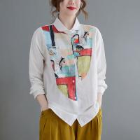 Linen & Cotton Women Long Sleeve Shirt irregular patchwork Solid white PC