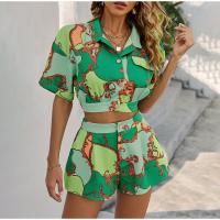 Polyester Wide Leg Trousers Women Casual Set & two piece short pants & top green Set