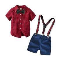 Coton Ensemble de vêtements d’été de garçon Cravate & Sangle & Pantalon & Retour au début Imprimé Plaid rouge et bleu Ensemble