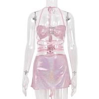 Spandex & Polyester Costume sexy de dame Jupe & Retour au début Patchwork Solide Rose Ensemble