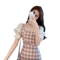 Polyester Slim & High Waist One-piece Dress printed plaid PC