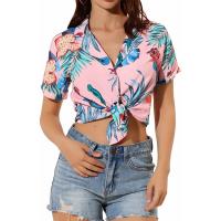 Polyester Slim Women Short Sleeve Shirt Spandex printed leaf pattern PC