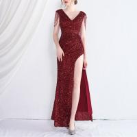 Sequin & Polyester Long Evening Dress deep V & side slit patchwork Solid PC