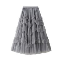 Polyester Layered Skirt mid-long style plain dyed Solid : PC