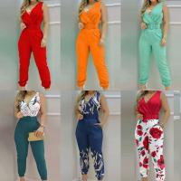 Polyester Slim Long Jumpsuit deep V & backless & with belt printed PC