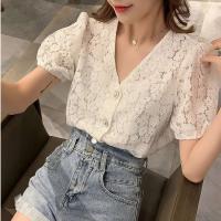 Acetate Fiber & Polyester Women Short Sleeve Shirt & hollow patchwork floral white PC