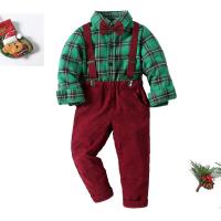 Polyester Slim Boy Clothing Set & two piece suspender pant & top patchwork plaid Set