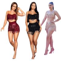 Polyester Ensemble occasionnel de femmes Paillettes Court & Retour au début Patchwork Solide plus de couleurs pour le choix Ensemble