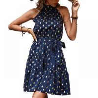 Polyester Slim One-piece Dress & off shoulder printed dot Navy Blue PC