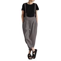 Cotton Nine Point Pants & High Waist Women Suspender Trousers & loose Solid PC