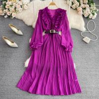 New Fashion Chic Sweet Ruffles Decorate Long Sleeve Slim Waist Dress Women Long Dresses Clothing Waist-controlled & scallop One-piece Dress slimming Solid dress