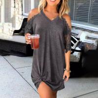 Polyester T-shirt Dress & off shoulder & loose patchwork Solid PC