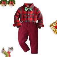 Cotton Boy Clothing Set & two piece suspender pant & top plaid red Set