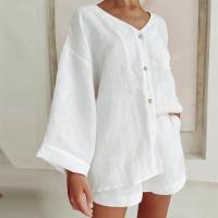 Cotton Women Casual Set & two piece short pants & long sleeve blouses patchwork Solid Set