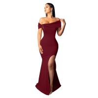 Spandex & Polyester Off Shoulder & Slim Long Evening Dress side slit patchwork Solid PC