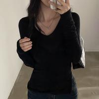 Cotton Slim Women Long Sleeve T-shirt patchwork Solid black PC