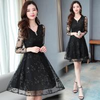 Fashion Women's Elegant  Waist-controlled & Plus Size One-piece Dress Knee Length Swing Dress with Long sleeve