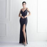 Sequin & Polyester Slim Long Evening Dress deep V & side slit & backless patchwork Solid PC