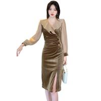 Polyester Slim Sexy Package Hip Dresses side slit patchwork Solid PC