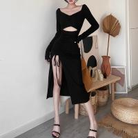 Polyester Slim Sexy Package Hip Dresses side slit patchwork Solid black PC