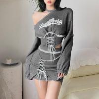 Poliéster Mujeres camiseta de manga larga, impreso, carta, gris,  trozo