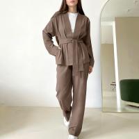 Polyester Ensemble occasionnel de femmes Pantalon long & chemisiers à manches longues Patchwork Solide Marron Ensemble