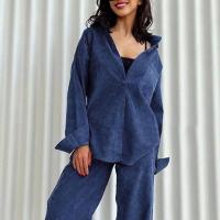 Coton Ensemble occasionnel de femmes Pantalon long & chemise à manches longues Patchwork Solide Bleu Ensemble