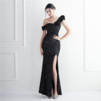 Sequin & Polyester Slim Long Evening Dress side slit & One Shoulder patchwork Solid PC