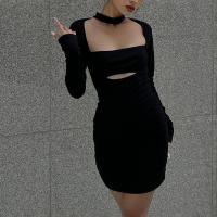 Polyester Slim Sexy Package Hip Dresses patchwork Solid black PC