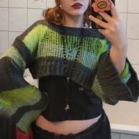 Polyester Frauen Langarm Blusen, Gestrickte, Gestreift, Grün,  Stück