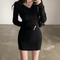 Cotton Slim Sexy Package Hip Dresses knitted Solid black PC