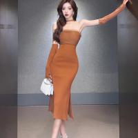 Polyester Slim Sexy Package Hip Dresses side slit & backless & two piece & off shoulder oversleeve & skirt patchwork Solid Set