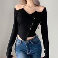 Cotton Slim Women Long Sleeve Blouses patchwork Solid black PC