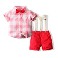 Baumwolle Junge Sommer Kleidung Set, Hose aussetzen & Nach oben, Gedruckt, Plaid, Rosa,  Festgelegt