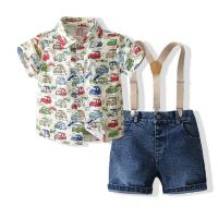 Katoen Boy Summer Kleding Set hang broek & Boven Afgedrukt Beige Instellen