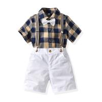 Baumwolle Junge Sommer Kleidung Set, Hosen & Nach oben, Gedruckt, Plaid, Gelb,  Festgelegt